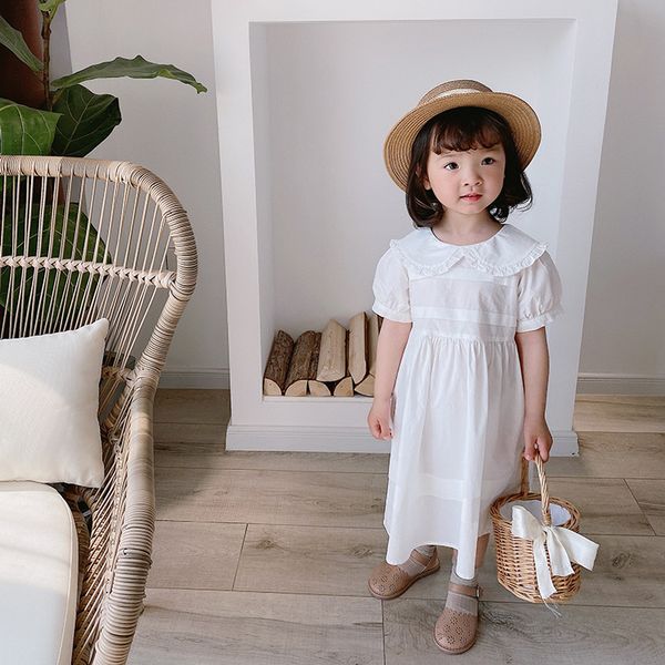 3708 2020 Summer Girl Dresses Korean Children's Clothing Girl's Bubble Short Sleeve Solid Color Baby Lace Lapel Princess Dress