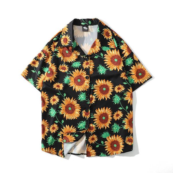 2020 new ins tide harajuku short sleeve shirt retro style all matching loose hawaiian sunflower shirt for young men and women, White;black