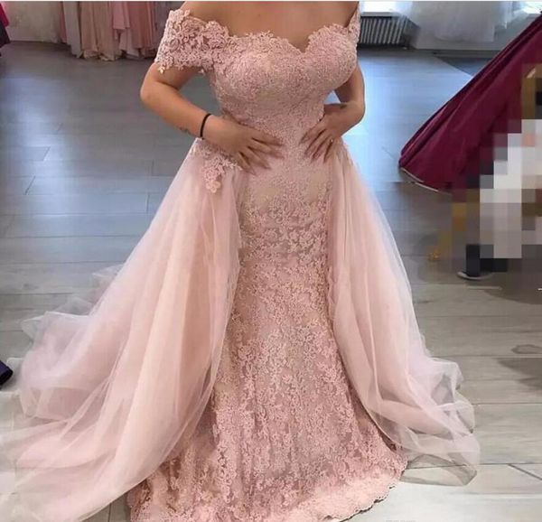 2019 softest pink off shoulder lace mermaid prom gowns with detachable tulle train ruffle applique evening dresses long formal party., Black
2019 softest pink off shoulder lace mermaid prom gowns with detachable tulle train ruffle applique evening dresses long formal party., Black