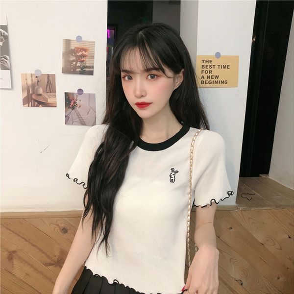 2020 round collar contrast color wooden ear short-sleeved t-shirt female age-reducing embroidery short t-shirt fashion, White
2020 round collar contrast color wooden ear short-sleeved t-shirt female age-reducing embroidery short t-shirt fashion, White
