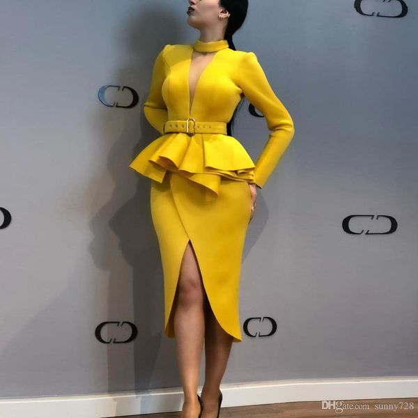 Elegant Yellow High Neck Women Evening Party Dress with Peplum Deep v Long Sleeves Belt Front Split Knee Length Formal OL Pencil Dress 2019
Elegant Yellow High Neck Women Evening Party Dress with Peplum Deep v Long Sleeves Belt Front Split Knee Length Formal OL Pencil Dress 2019