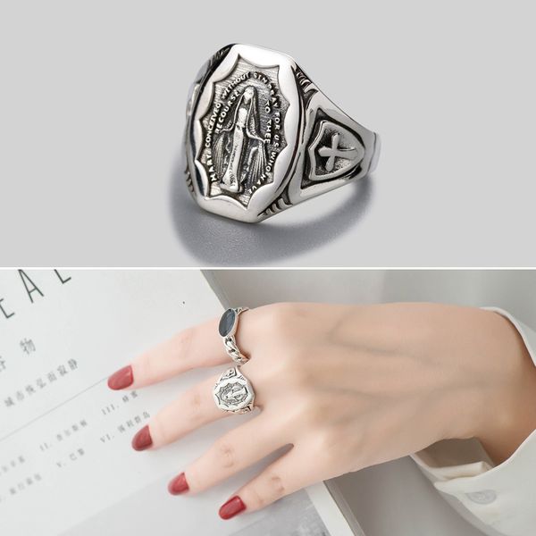 

leouerry 925 sterling silver emboss virgin mary rings simple fashion vintage big punk open rings for women fine jewelry gifts, Golden;silver