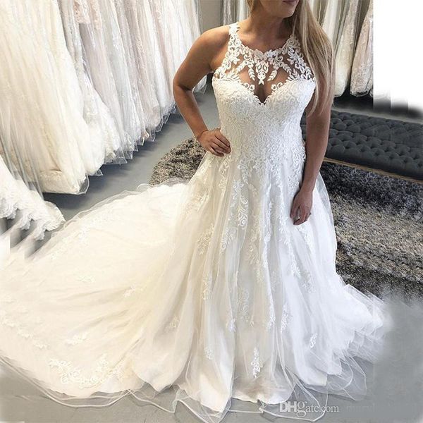 2020 new arrival plus size wedding dresses sleeveless lace appliques white ivory illusion back vestidos de noiva bridal dresses chapel train
2020 new arrival plus size wedding dresses sleeveless lace appliques white ivory illusion back vestidos de noiva bridal dresses chapel train