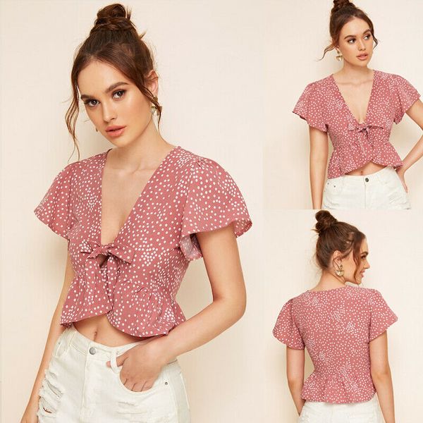 new style women's blouses ruffle polka dot ruffle short sleeve summer deep v neck hem tie front bow v neck blouse 2019, White 
new style women's blouses ruffle polka dot ruffle short sleeve summer deep v neck hem tie front bow v neck blouse 2019, White