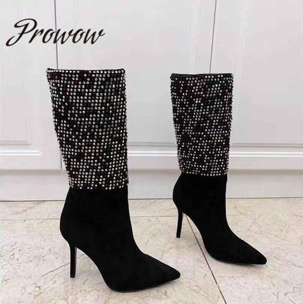 prowow new luxury genuine leather crystal beading mid calf boots pointed toe pleated boots high heel cool shoes women, Black
prowow new luxury genuine leather crystal beading mid calf boots pointed toe pleated boots high heel cool shoes women, Black