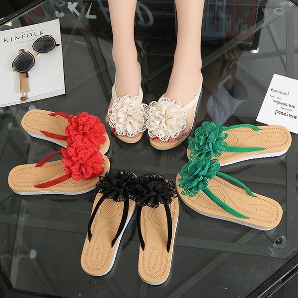 2020 summer new women flip-flops bohemian large flower sandals womens flat casual slippers, Black 
2020 summer new women flip-flops bohemian large flower sandals womens flat casual slippers, Black
