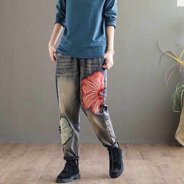 autumn jeans woman elastic waist loose retro denim harem pants new vintage button lotus leaf embroidery bleached washed trousers, Blue
autumn jeans woman elastic waist loose retro denim harem pants new vintage button lotus leaf embroidery bleached washed trousers, Blue