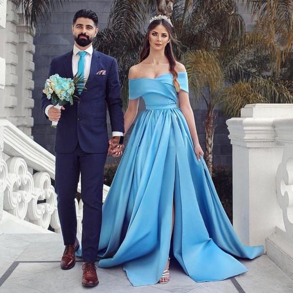 off the shoulder a line long prom dresses side split light sky blue satin evening dress sweep train formal wears, Black
off the shoulder a line long prom dresses side split light sky blue satin evening dress sweep train formal wears, Black