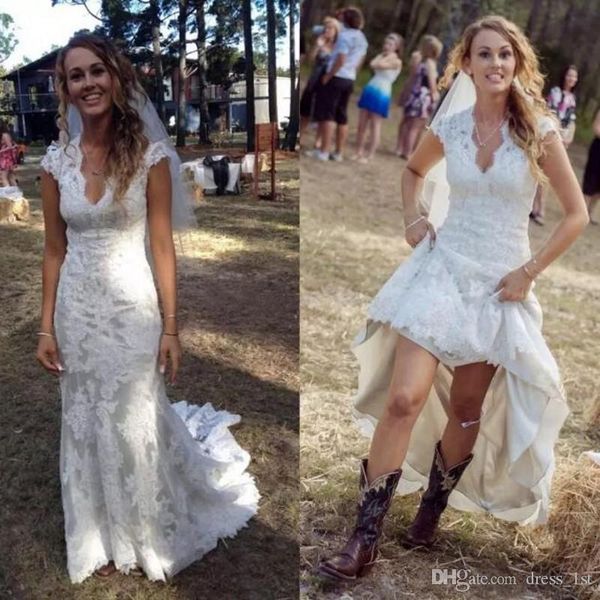 2019 vintage country wedding dresses v neck cap sleeves court train lace wedding dress cowgirls high low open back bridal wedding gowns, White
2019 vintage country wedding dresses v neck cap sleeves court train lace wedding dress cowgirls high low open back bridal wedding gowns, White