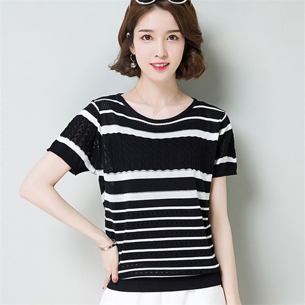 women's sweaters spring and summer cut-out thin sweater, round neck pullover striped short sleeve top, White;black
women's sweaters spring and summer cut-out thin sweater, round neck pullover striped short sleeve top, White;black