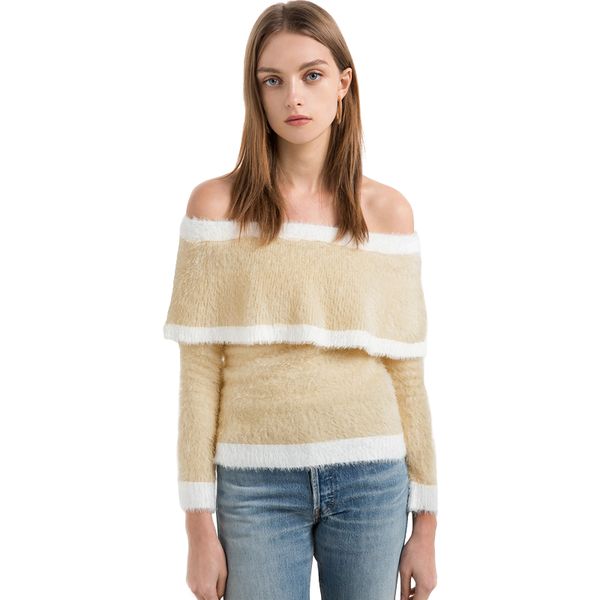 fashion-utumn women's fuzzy striped off shoulder sweater sweet beige long sleeve jumper fashion elegant pullover, White;black
fashion-utumn women's fuzzy striped off shoulder sweater sweet beige long sleeve jumper fashion elegant pullover, White;black