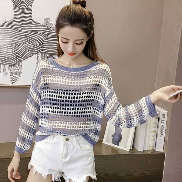 women casual long-sleeved color matching hollow round neck blouse loose knit summer sweet sunscreen ws, White
women casual long-sleeved color matching hollow round neck blouse loose knit summer sweet sunscreen ws, White