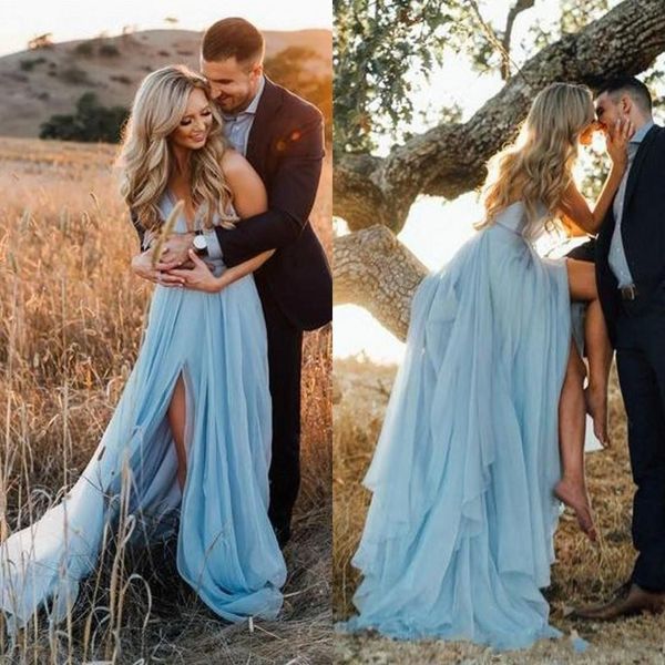 light blue romantic a line prom dresses deep v neck backless high side split court train tulle boho evening dress formal dress, Black
light blue romantic a line prom dresses deep v neck backless high side split court train tulle boho evening dress formal dress, Black