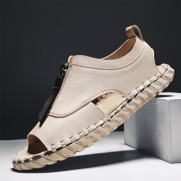 casoipra 2020 new leather summer sandals shoes men handmade sandalias romanas garden flip flops men slippers beach shoes, Black