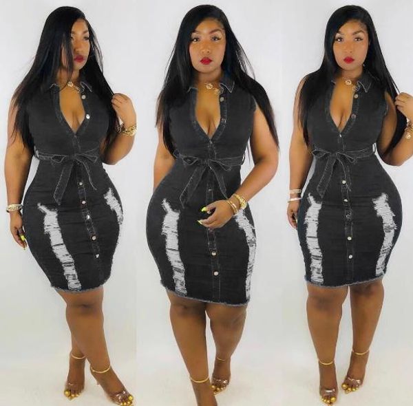 women designer washed jean dresses v-neck skinny sleeveless dress fashion club holes dresses women clothes, Black;gray
women designer washed jean dresses v-neck skinny sleeveless dress fashion club holes dresses women clothes, Black;gray