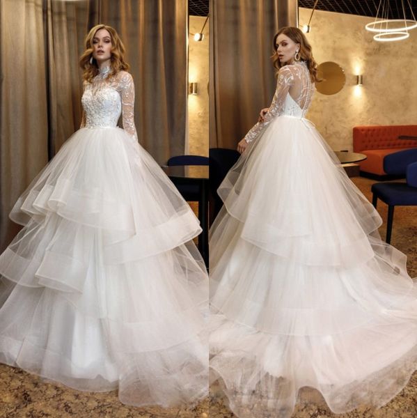 fashion beaded lace tiered wedding dresses sheer high neck long sleeves bridal gowns a line sweep train tulle robe de mariée, White
fashion beaded lace tiered wedding dresses sheer high neck long sleeves bridal gowns a line sweep train tulle robe de mariée, White