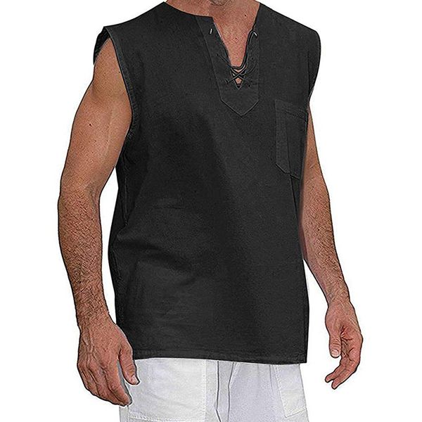 sleeveess mens designer tshirts casual solid lace up linen v neck mens tanks casual summer mens tees, White;black
sleeveess mens designer tshirts casual solid lace up linen v neck mens tanks casual summer mens tees, White;black