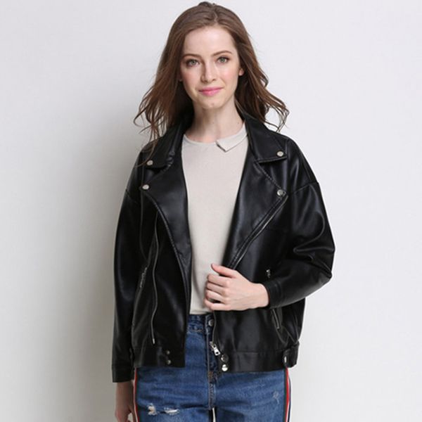 women' faux pu leather jacket spring autumn asymmetric zipper coat solid turn down collar pockets clothing for female outwear, Black
women' faux pu leather jacket spring autumn asymmetric zipper coat solid turn down collar pockets clothing for female outwear, Black
