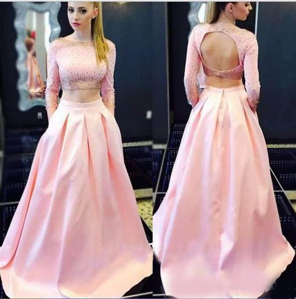 two pieces prom dresses sweep train long sleeves formal party dresses evening pageant celebrity gown wear, Black
two pieces prom dresses sweep train long sleeves formal party dresses evening pageant celebrity gown wear, Black