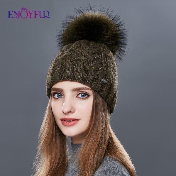 

enjoyfur thick warm double layer women winter hats fashion coarse twist-type knitted hat female fur pompom cap cashmere beanies, Blue;gray