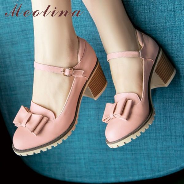 

meotina women pumps lolita shoes platform high heels pink mary jane shoes bow block heel ladies party large size 33-43, Black