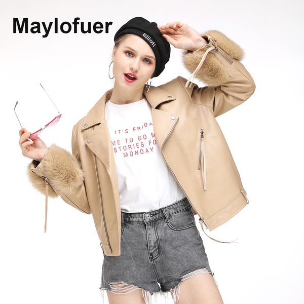 maylofuer fashion women genuine leather jackets zipper basic coat turn-down collar biker jacket with fox fur sleeves, Black
maylofuer fashion women genuine leather jackets zipper basic coat turn-down collar biker jacket with fox fur sleeves, Black