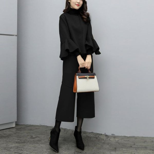 two piece set korean solid ruffled wool coat and wide legs long pants spring women sets office ladies causal suit black outfits, White
two piece set korean solid ruffled wool coat and wide legs long pants spring women sets office ladies causal suit black outfits, White