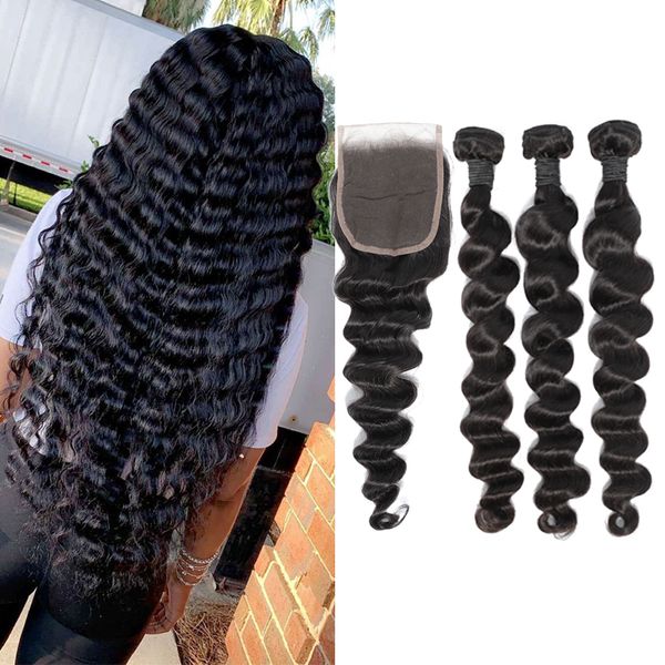 brazilian loose deep wave 3 bundles with closure middle 3 part double weft human hair extensions dyeable human hair 100gram bundles, Black
brazilian loose deep wave 3 bundles with closure middle 3 part double weft human hair extensions dyeable human hair 100gram bundles, Black