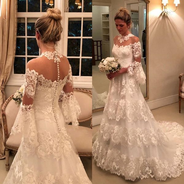 stunning long sleeves lace wedding dresses sheer jewel neck covered buttons bridal gowns sweep train robe de mariée, White
stunning long sleeves lace wedding dresses sheer jewel neck covered buttons bridal gowns sweep train robe de mariée, White