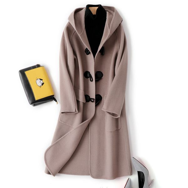 women's wool & blends cashmere overcoat for loose medium long with hood and horn buckle in autumn winter 2021, Black
women's wool & blends cashmere overcoat for loose medium long with hood and horn buckle in autumn winter 2021, Black