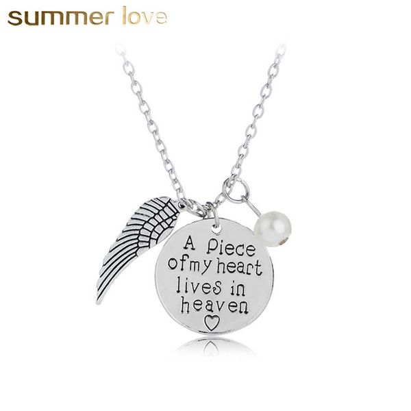 

new fashion angels wing handwriting remembrance necklace for women a piece of my heart lives in heaven pearl pendant necklace jewelry gift, Silver