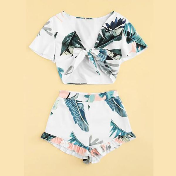 bow v-neck short sleeve women two piece set print crop women suits summer style short pants women's sets, White
bow v-neck short sleeve women two piece set print crop women suits summer style short pants women's sets, White