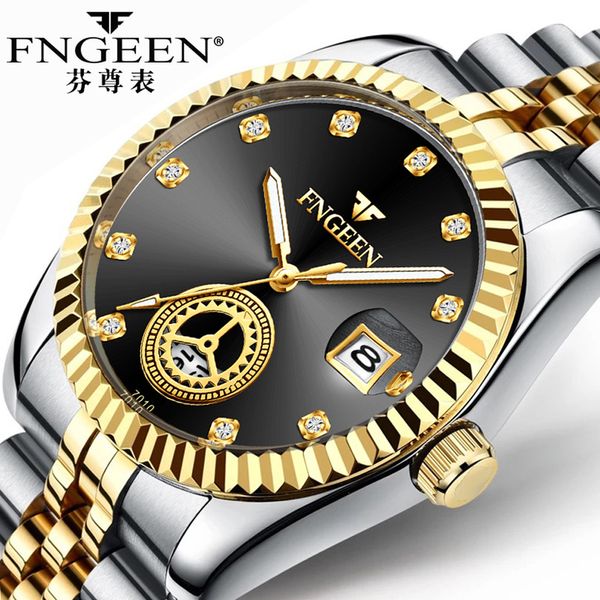 

fngeen brand gold classic men's watch unique dial quartz watch stainless steel calendar waterproof sports relogio, Slivery;brown