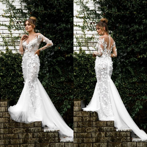 2019 gorgeous mermaid wedding dresses sheer jewel neck lace 3d floral applique country wedding gowns illusion beach bridal dress, White
2019 gorgeous mermaid wedding dresses sheer jewel neck lace 3d floral applique country wedding gowns illusion beach bridal dress, White