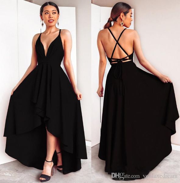 

new style spaghetti hi-lo cocktail dress deep v neck backless evening dress ruched pear plus sizes prom dress custom made, Black