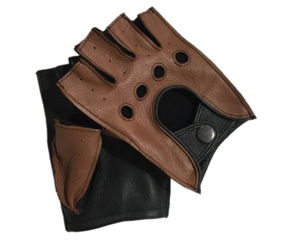

high-quality semi-finger genuine leather retro motorcycle gloves men thin section driving fingerless sheepskin gloves moto glove, Black