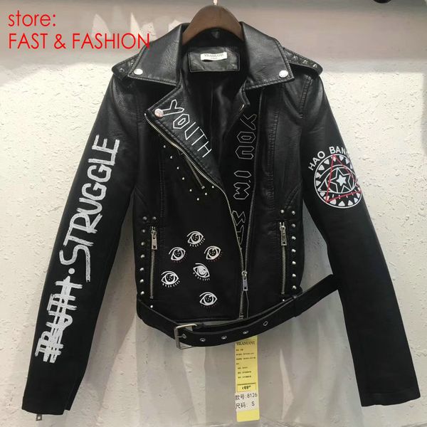 2019 new women autumn winter faux soft leather jackets coats lady black pu rivet zipper epaulet 3d print motorcycle streetwear
2019 new women autumn winter faux soft leather jackets coats lady black pu rivet zipper epaulet 3d print motorcycle streetwear
