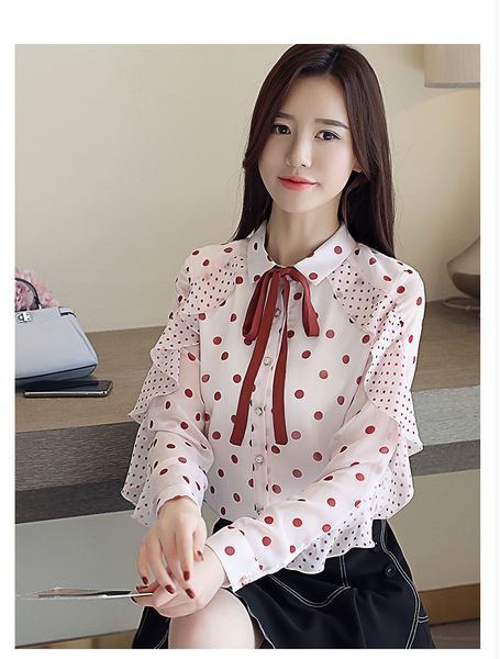 2019 new arrival leisure turn-down collar dots printed ruffles long sleeve woman chiffon top, White
2019 new arrival leisure turn-down collar dots printed ruffles long sleeve woman chiffon top, White