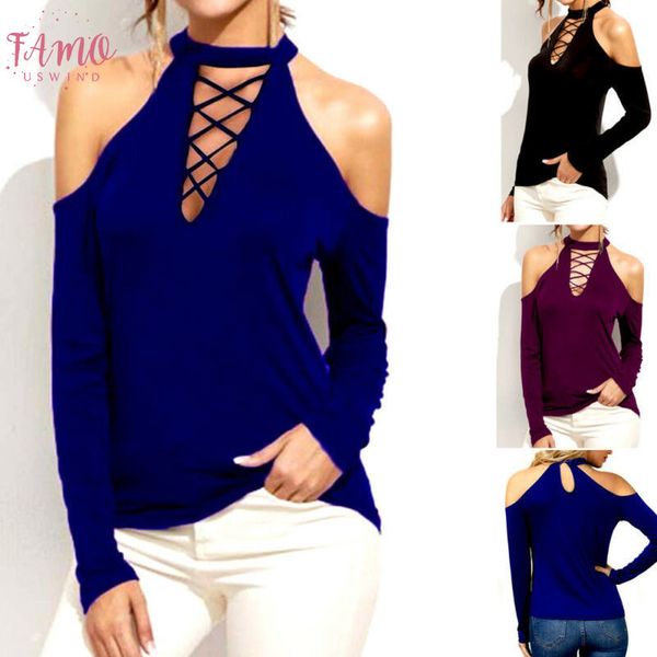 2019 autumn womens long sleeve casual ladies cold shoulder chocker neck bandage hollow out t shirt, White
2019 autumn womens long sleeve casual ladies cold shoulder chocker neck bandage hollow out t shirt, White