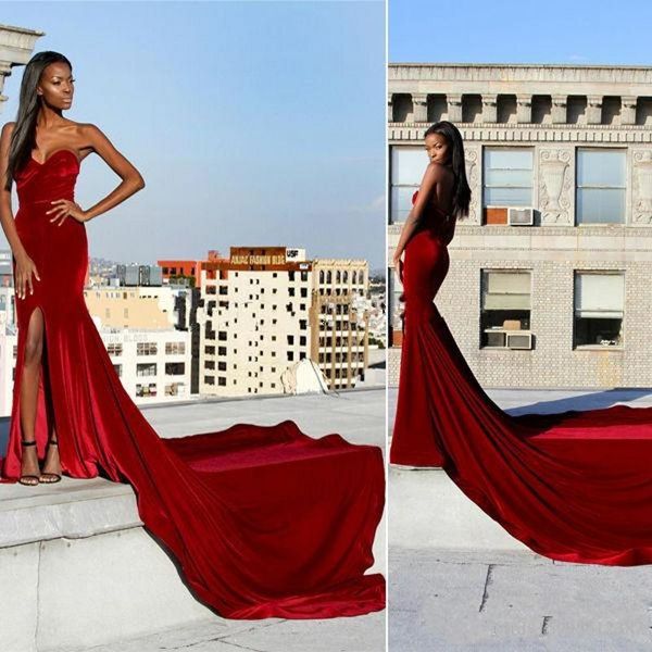 2019 new velvet burgundy mermaid prom dresses sweetheart chapel train high side split formal evening gowns custom made, Black
2019 new velvet burgundy mermaid prom dresses sweetheart chapel train high side split formal evening gowns custom made, Black