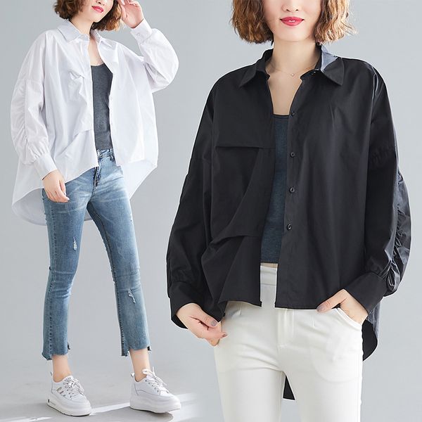 2020 spring shirt fat mm solid color versatile western style by age short in front long shirt coat, White
2020 spring shirt fat mm solid color versatile western style by age short in front long shirt coat, White