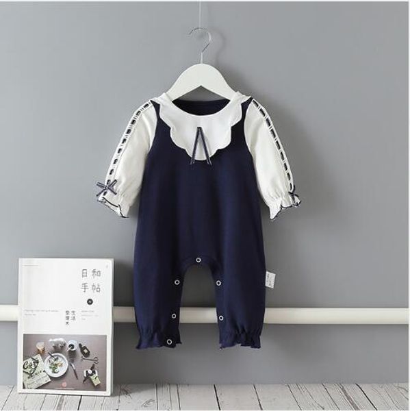 ins baby girls clothes romper 100% cotton pet pan collar dark blue white patchwork romper spring fall boutique rompers 0-2t 
ins baby girls clothes romper 100% cotton pet pan collar dark blue white patchwork romper spring fall boutique rompers 0-2t