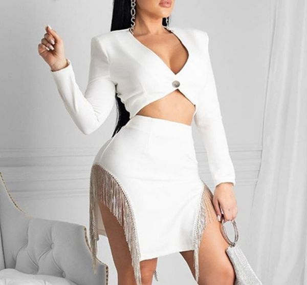 spring summer long sleeve v neck single button short mini rhinestone tassel skirt women two piece set, White
spring summer long sleeve v neck single button short mini rhinestone tassel skirt women two piece set, White
