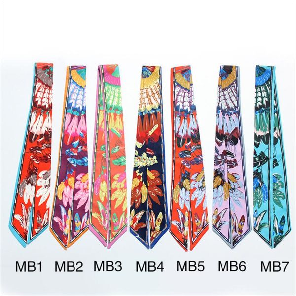 100cm*5cm fashion women feather twilly small ribbon scarf hair band bag tied handle silk wraps handbag handle headbands tie, Blue;gray 
100cm*5cm fashion women feather twilly small ribbon scarf hair band bag tied handle silk wraps handbag handle headbands tie, Blue;gray