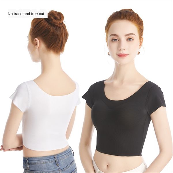 2020 women's round collar solid color navel slim belt chest pad detachable short t-shirt t-shirt top, White
2020 women's round collar solid color navel slim belt chest pad detachable short t-shirt t-shirt top, White