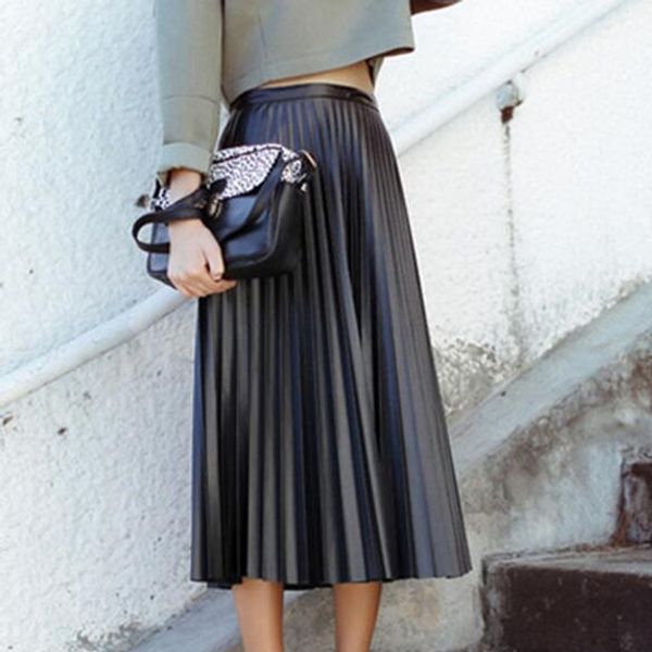 2020 new spring autumn women skirts vintage high waist black faux leather skirts female slim party midi pu pleated skirt df814
2020 new spring autumn women skirts vintage high waist black faux leather skirts female slim party midi pu pleated skirt df814
