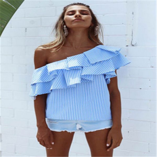 2017 summer blouses women one off shoulder blouses shirt ruffle striped shirt slash neck blouse blusas w, White
2017 summer blouses women one off shoulder blouses shirt ruffle striped shirt slash neck blouse blusas w, White