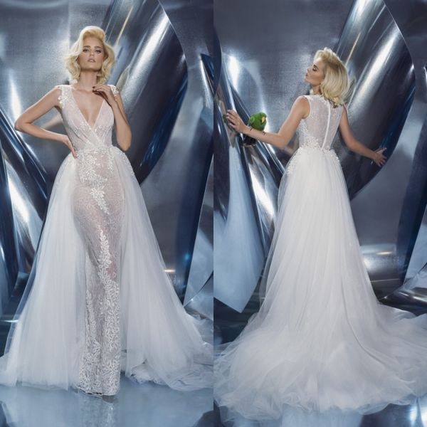 dany mizrachi 2019 mermaid wedding dresses with detachable overskirts tulle v neck lace beach bridal gowns custom robe de mariée, White
dany mizrachi 2019 mermaid wedding dresses with detachable overskirts tulle v neck lace beach bridal gowns custom robe de mariée, White