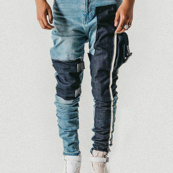 strapped pocket distressed jeans slim tapered biker jeans hip hop streetwear, Blue
strapped pocket distressed jeans slim tapered biker jeans hip hop streetwear, Blue