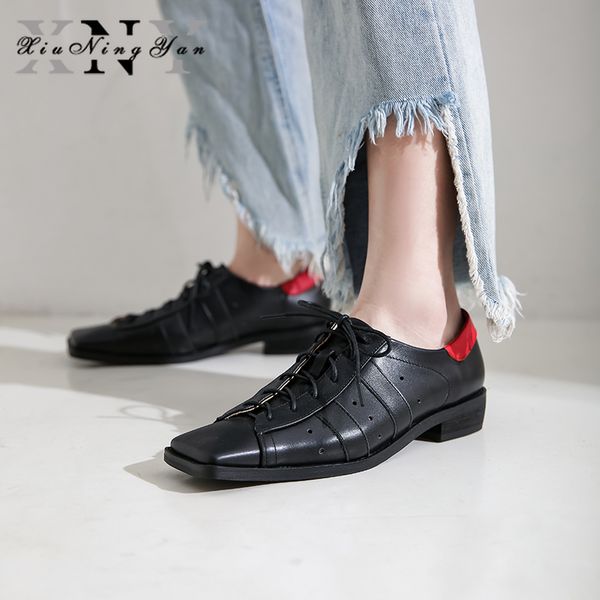 

british style oxford shoes woman flats spring soft cow leather oxfords square toe casual shoes lace up women's brogues, Black